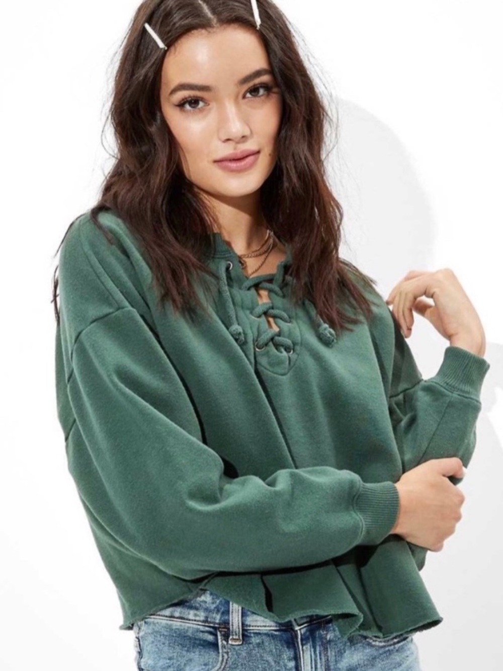 AEO Green Lace Up Sweatshirt